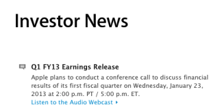 Apple va anunta rezultatele financiare pentru Q1 2013 pe data de 23 ianuarie