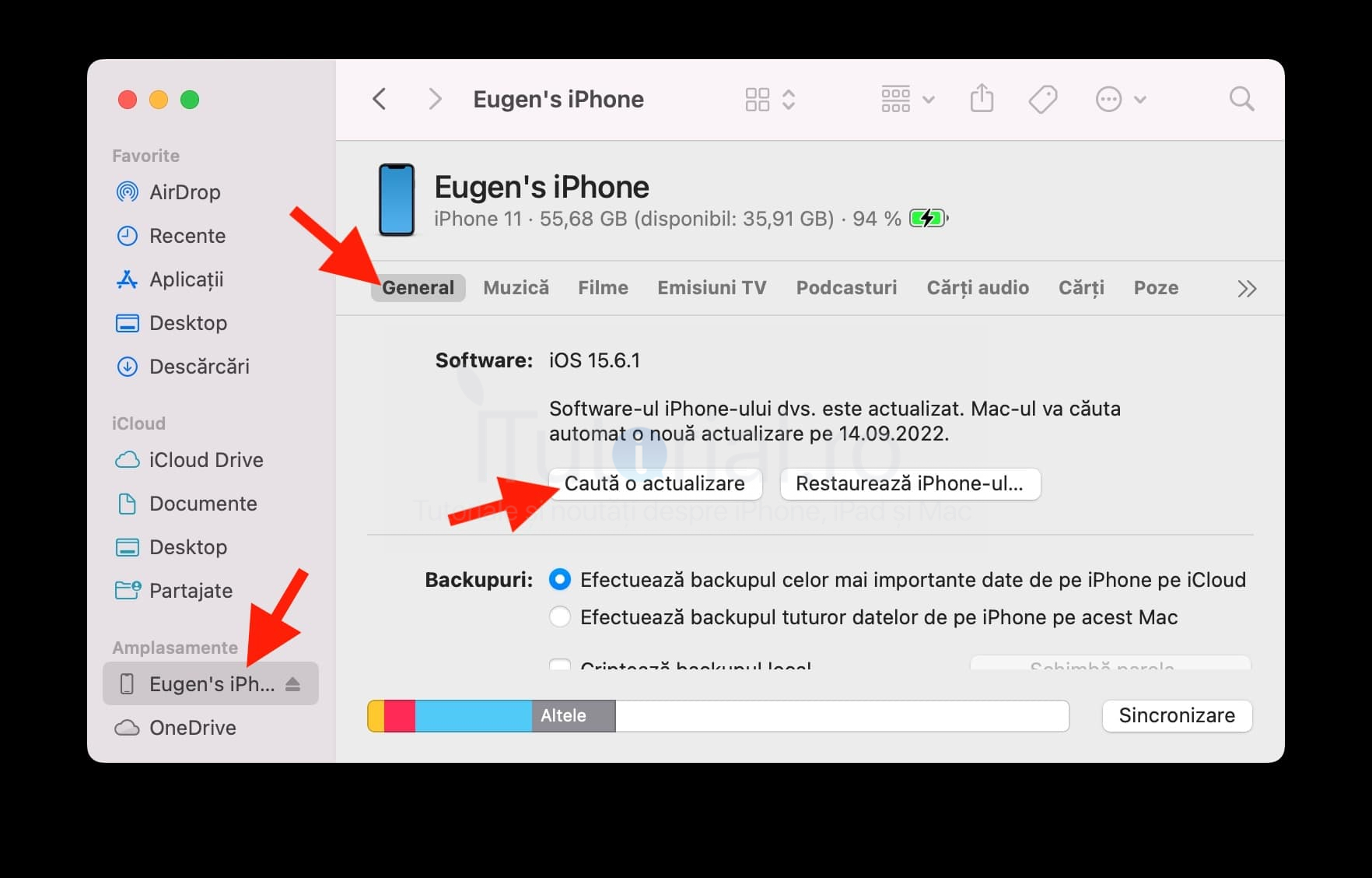 Finder cauta actualizare iOS 15.6.1 update 16